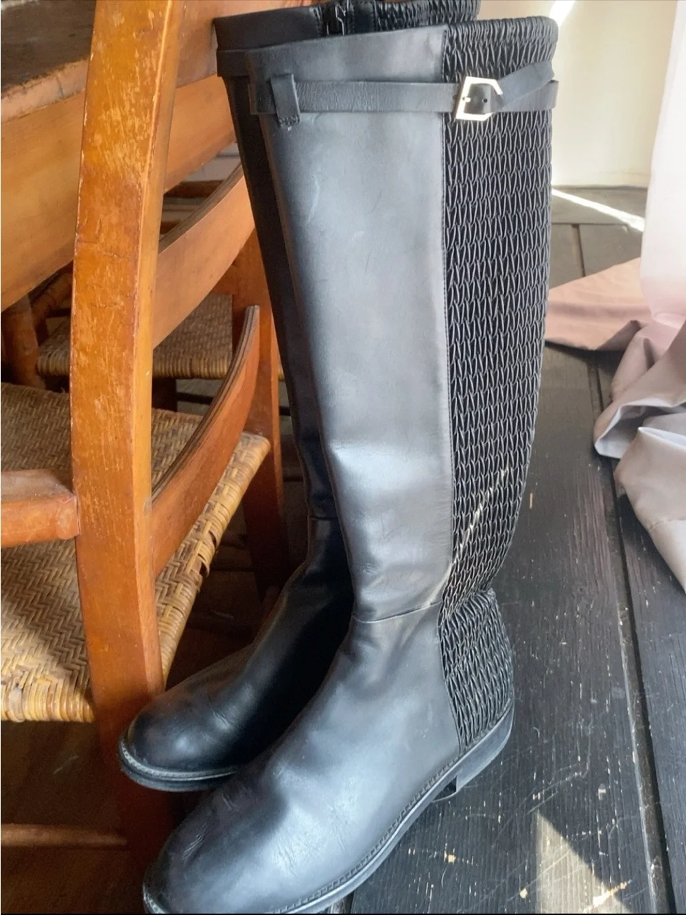 Cole Haan Black Leather Over-the-Knee Riding Boots with Woven Stretch Panels